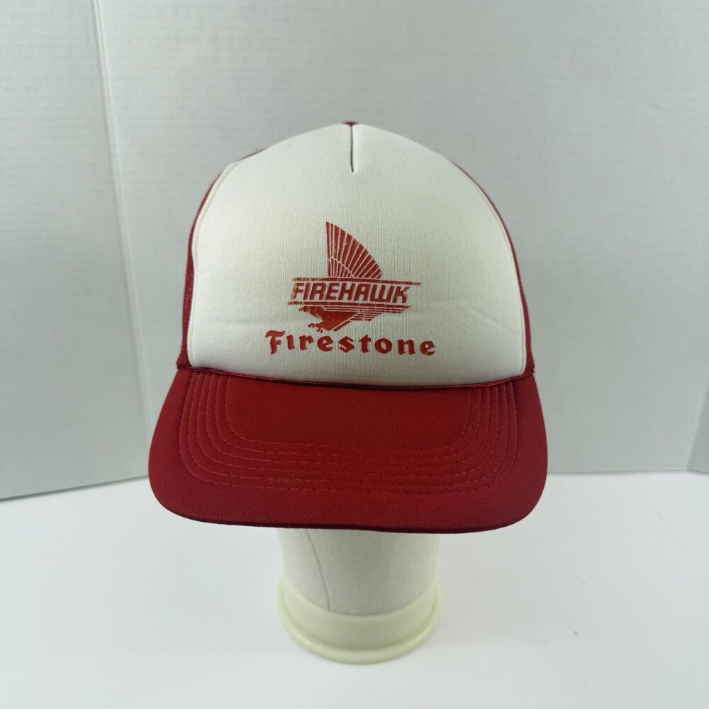 Vintage Firehawk Firestone Trucker Snapback Hat One Size Fits All White & Red